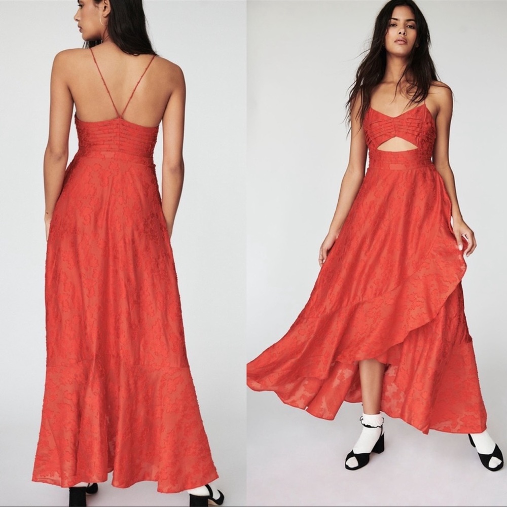 Free People Buona Sera Maxi Dress 6 Red Floral Cutout Jacquard Pleated Ruffle